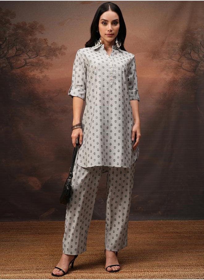 Vishudh All-Over Print Collared Tunic and Palazzo Pants Set by Styli  - Image 1