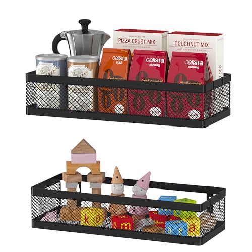 PUSDON Hanging Storage Baskets Organizer Wall Mount, Metal Wire Storage Bin Rack for Kitchen Bathroom Shower Spice Shelf Home Decor Essentials Black-2 Packs (Netting) - Image 1
