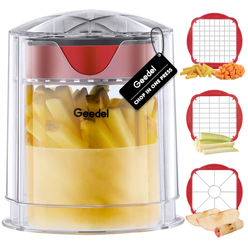 Geedel French Fry Cutter, Professional Home Style Onion Chopper, Vegetable Chopper Dicer Manual, Easy to Clean, Ultra Sharp Blades Thick-Strip Fry Cutter Apple Slicer and Corer, 3 Blades - Image 1