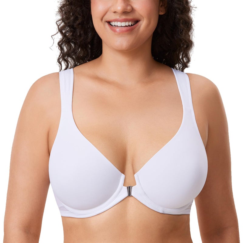 DELIMIRA Women's Front Closure Bras Posture Full Coverage Plus Size Underwire Unlined Back Support Plunge Seamless Bra B-H Cups White 38D - Image 3
