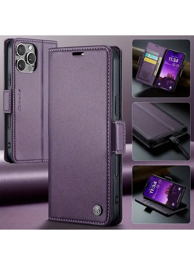 Purple RFID Blocking Flip Wallet Case with Card Holder Kickstand for iPhone 13 Pro - Image 1