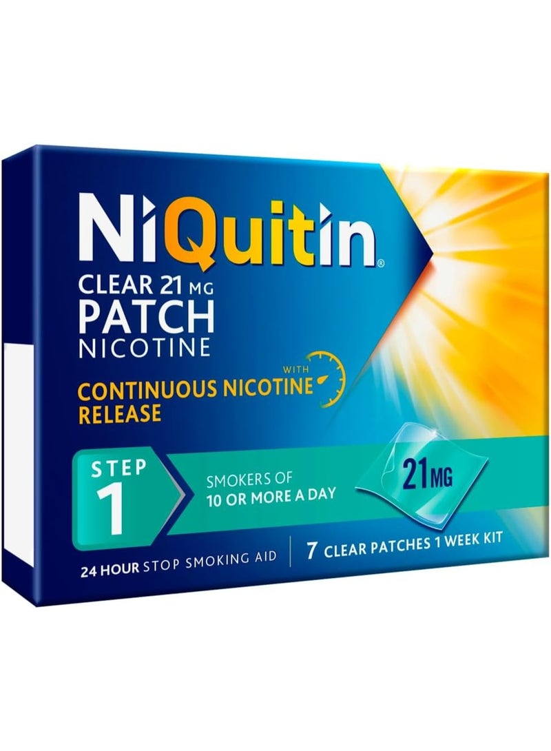 NiQuitin 21 mg Nicotine Patch - Step 1 - Stop Smoking Aid Therapy - 7 Clear Patches for 1 Weeks Treatment - 24h Craving Control - Invisible Nicotine Patches, 7 Count - Image 1