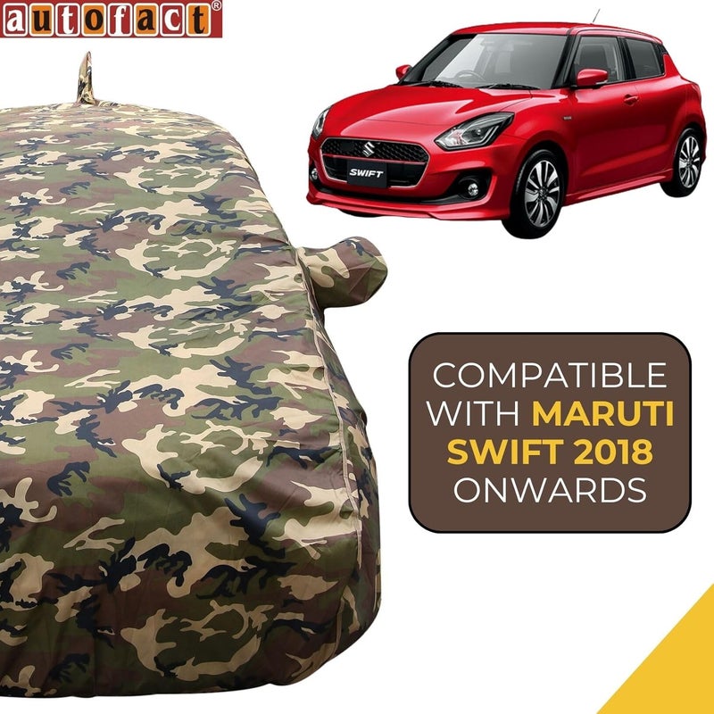 Autofact Waterproof Car Body Cover Compatible with Maruti Swift (2018 to 2023), with Mirror and Antenna Pockets,4x4 American Matty, Long Lasting Durable Material, Camouflage Army Look - Image 2