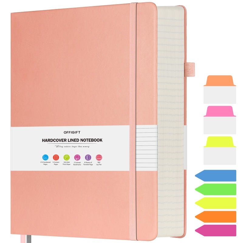 OFFIGIFT College Ruled Notebook, Large A4 Hardcover Leather Journal, 312 Numbered Pages Writing Journal, 100gsm No Bleed Paper, Lined Journal Notebook for Women Men School Office, 8.5''Ã—11'', Pink - Image 1