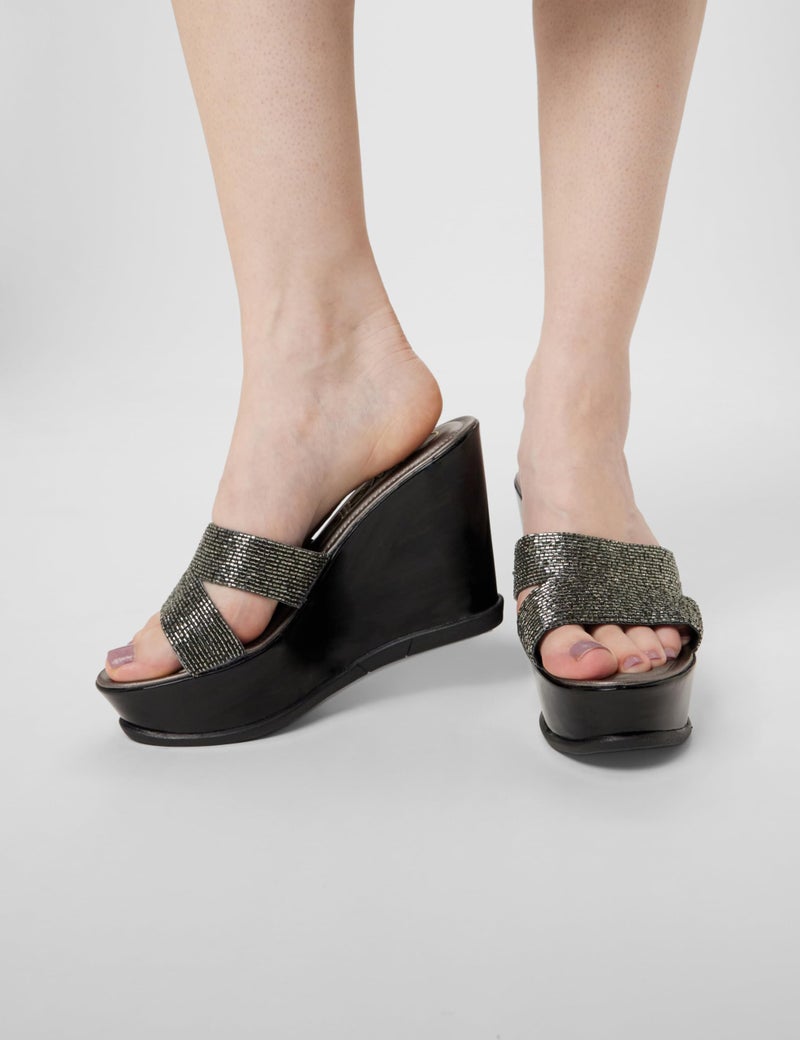 Catwalk Women Stylised Open Back Wedges | For Women & Girls (BLACK,7 UK) - Image 2