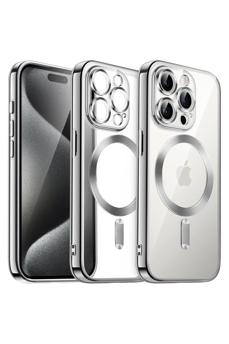 حافظة شفافة لجهاز iPhone 15 Pro مع شحن لاسلكي MagSafe غطاء خلفي متوافق مع إطار مضاد للصدمات بتقنية الطلاء الكهربائي - فضي