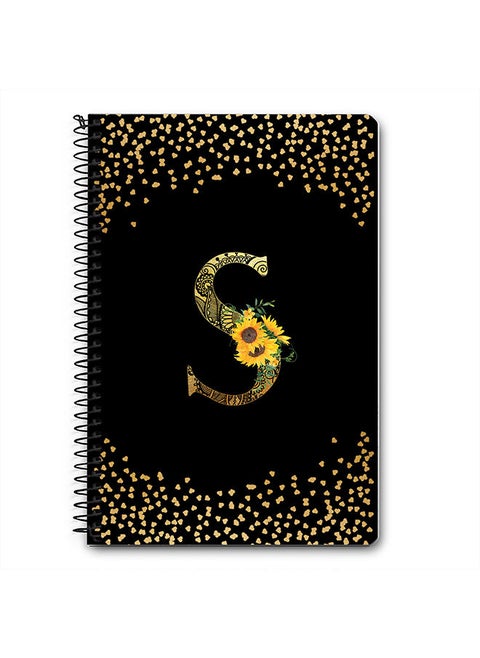 Designer A5 Spiral Notebook Memo Notepad Journal - Custom Monogram Initial Letter Mandala Floral Pattern Alphabet - S - Black