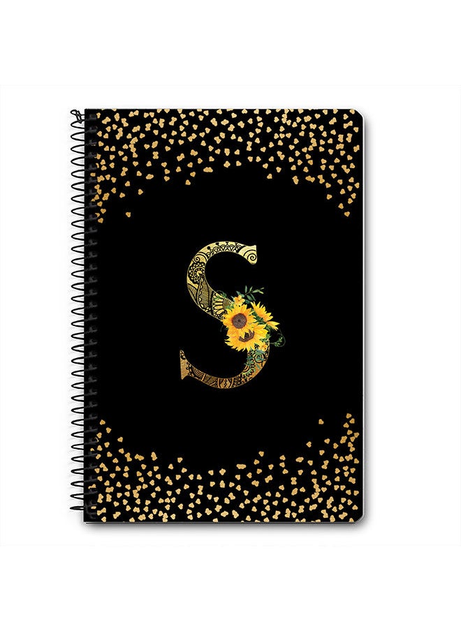 Designer A5 Spiral Notebook Memo Notepad Journal - Custom Monogram Initial Letter Mandala Floral Pattern Alphabet - S - Black