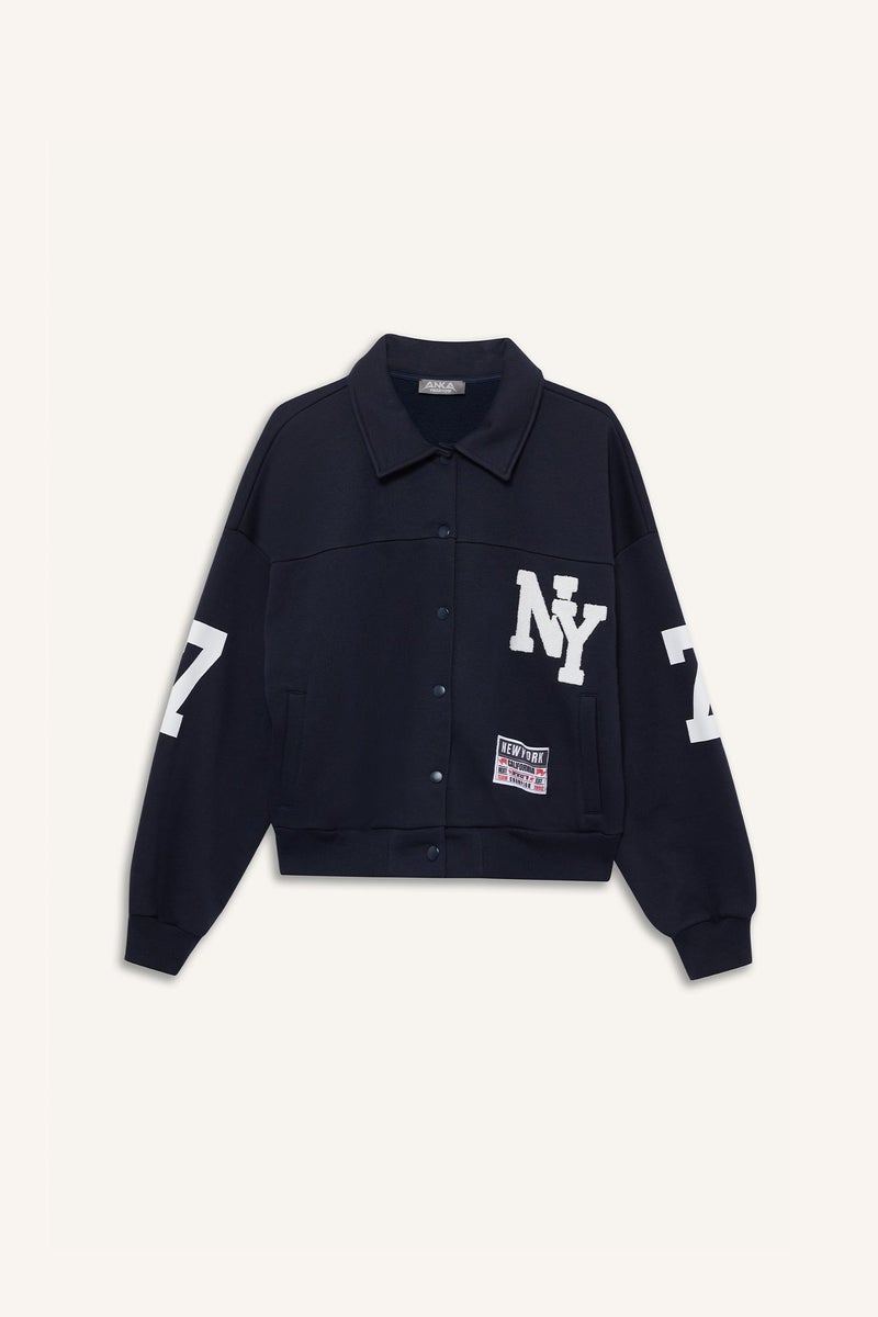 DeFacto Blue Woman Polo Collar Printed Bomber Jacket Casual - Image 3