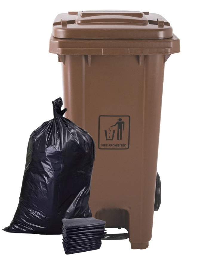 AKC سلة مهملات بنية بسعة 120 لتر مع عجلات ودواسة معدنية + 10 أكياس قمامة | HDPE ثقيل الوزن - Image 1