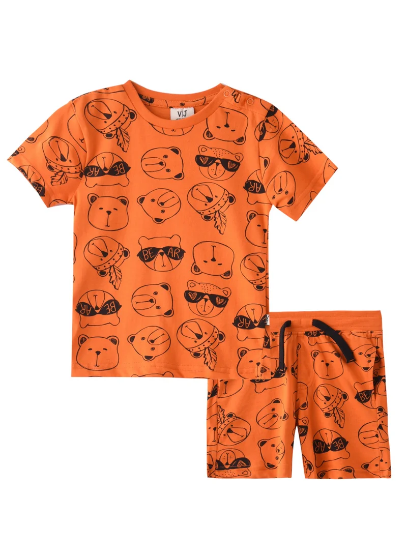 victor and jane Baby Boys 2 piece Set - T-Shirts & Shorts - All over Printed AOP Orange (100% Cotton)- VJ