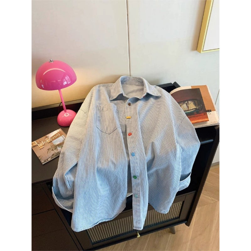 Vintage Contrast Color Striped Shirt Womens Autumn Design Polo Collar Long Sleeve Top with Thin Cardigan Shirt Jacket Blue