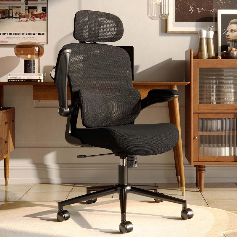 SUNNOW Ergonomic Office Chair, Comfy Mesh Desk Chair, High Back Computer Gaming Chairs with Adjustable Lumbar Support, Flip-Up Arms, Headrest, Tilt Function, Wide Cushion, Swivel Wheel, BIFMA Quality - Image 1