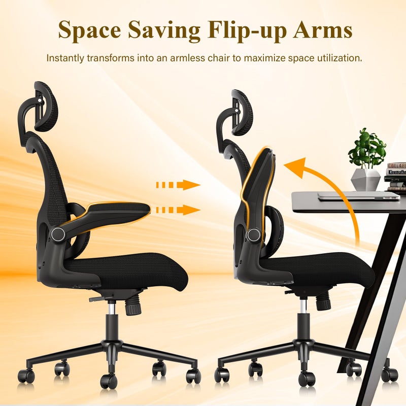 SUNNOW Ergonomic Office Chair, Comfy Mesh Desk Chair, High Back Computer Gaming Chairs with Adjustable Lumbar Support, Flip-Up Arms, Headrest, Tilt Function, Wide Cushion, Swivel Wheel, BIFMA Quality - Image 4