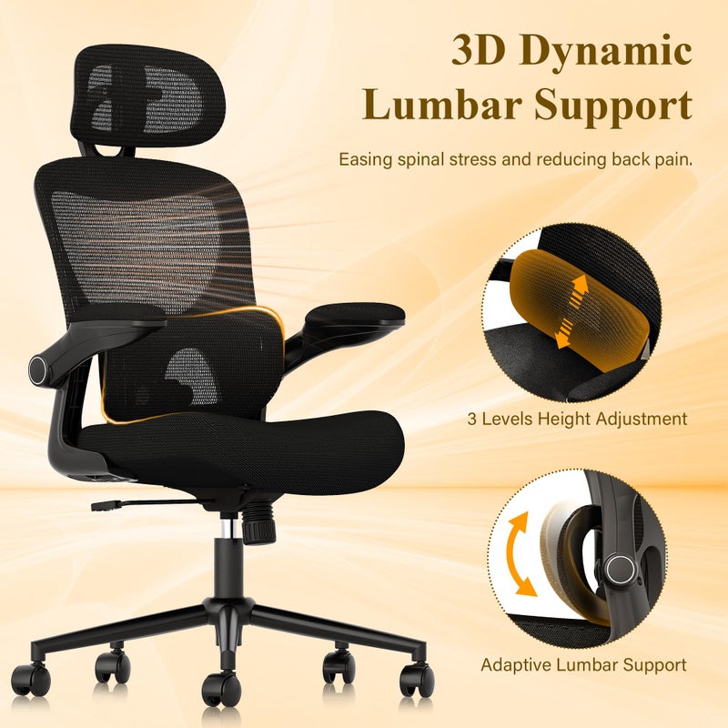 SUNNOW Ergonomic Office Chair, Comfy Mesh Desk Chair, High Back Computer Gaming Chairs with Adjustable Lumbar Support, Flip-Up Arms, Headrest, Tilt Function, Wide Cushion, Swivel Wheel, BIFMA Quality - Image 3