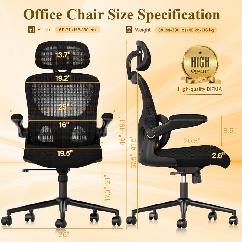 SUNNOW Ergonomic Office Chair, Comfy Mesh Desk Chair, High Back Computer Gaming Chairs with Adjustable Lumbar Support, Flip-Up Arms, Headrest, Tilt Function, Wide Cushion, Swivel Wheel, BIFMA Quality - Image 2