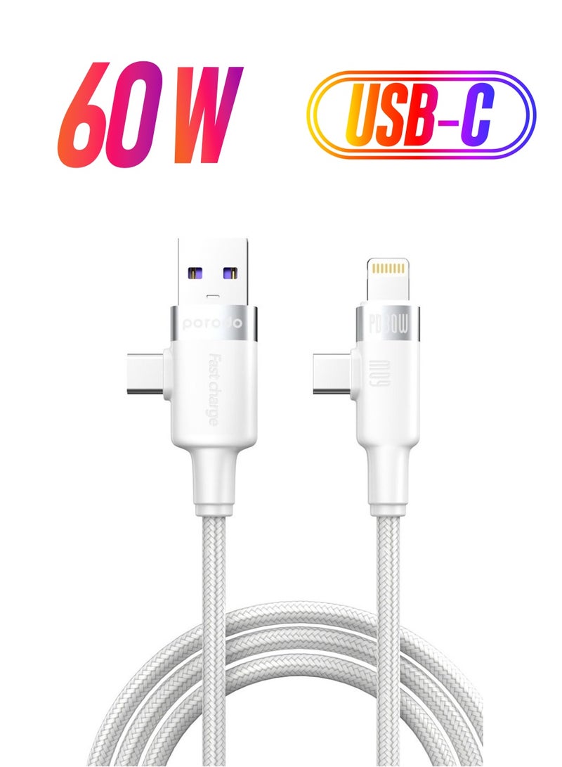 برودو كابل شحن سريع  60 وات بمخارج من النوع C و30 وات Lightning طول 1.2 متر - بورودو