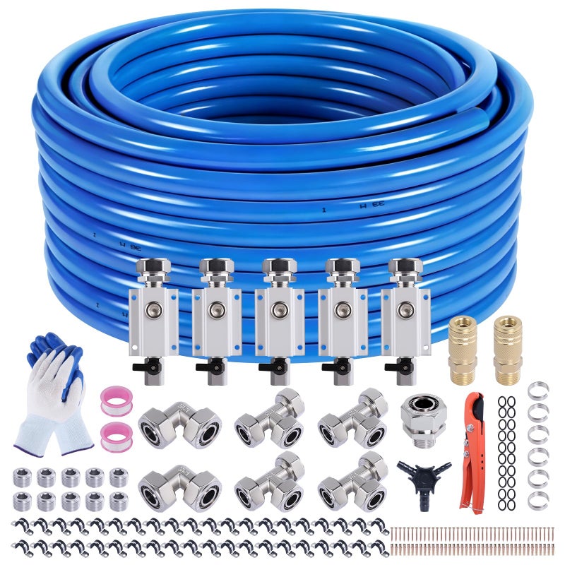 boeray مجموعة أنابيب الهواء Boeray Shop 3/4 بوصة 100 قدم نظام أنابيب الهواء المضغوط HDPE-ألمنيوم-HDPE مع كتل ألمنيوم بأربعة اتجاهات وصمامات نحاسية ومجموعة ملحقات أنابيب الهواء لضاغط الهواء للمرآب - Image 1