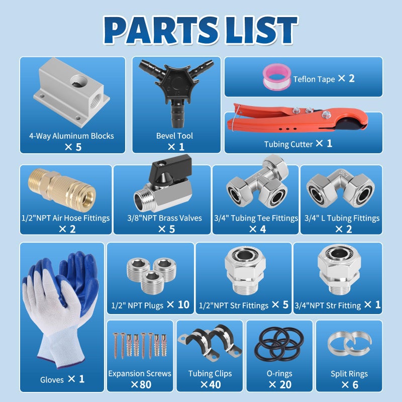 boeray مجموعة أنابيب الهواء Boeray Shop 3/4 بوصة 100 قدم نظام أنابيب الهواء المضغوط HDPE-ألمنيوم-HDPE مع كتل ألمنيوم بأربعة اتجاهات وصمامات نحاسية ومجموعة ملحقات أنابيب الهواء لضاغط الهواء للمرآب - Image 2