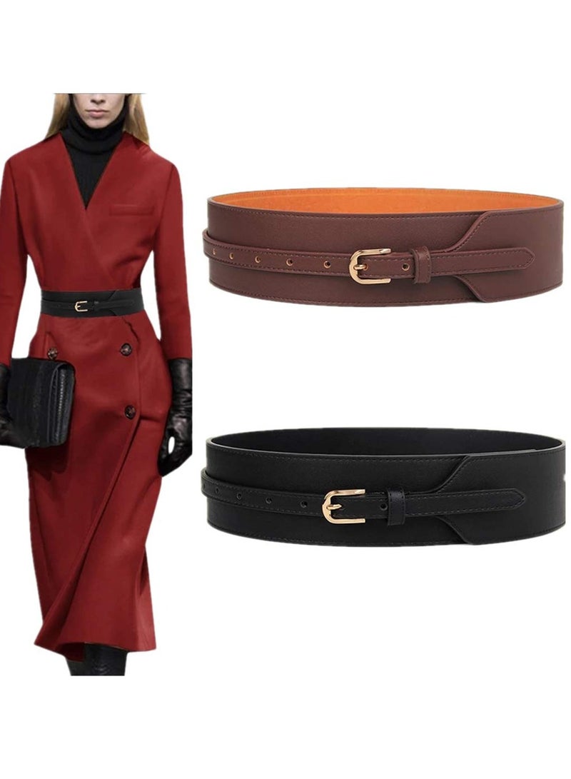 SOLARAE Women Belt, PU Leather Wide Knotted Belt Simple and Versatile Waist Seal Adjustable Perforated Dress Girdle for Wedding Festival Shaping Belt (2, Black Brown) - Image 1