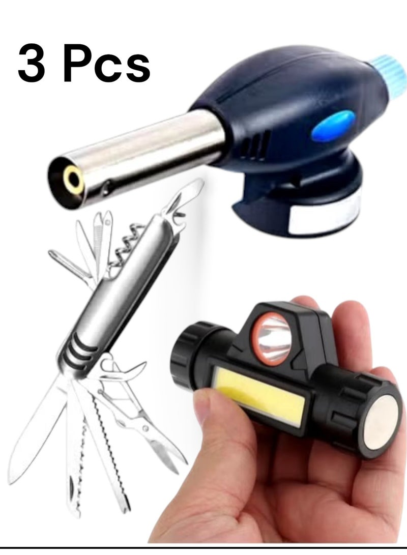 Complete 3-Piece Adventure Tool Set for Hiking & Camping: LED Rechargeable Headlamp, 9-in-1 Stainless Steel Multi-Tool Kit, Powerful Flame Torch for Cooking & BBQ – Value Bundle for Outdoor & Home Activities - Image 1