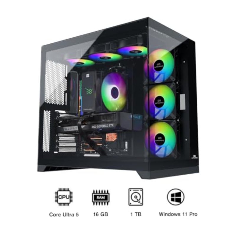 5060 كمبيوتر مكتبي للألعاب Intel Core Ultra 5، RTX 5060 8GB GPU، 16GB DDR5 RAM، 1TB SSD، اللوحة الأم B860، حافظة CUBE، مبرد هواء رقمي ARGB، وحدة PSU ذهبية 750 وات، Windows PRO أسود - Image 2