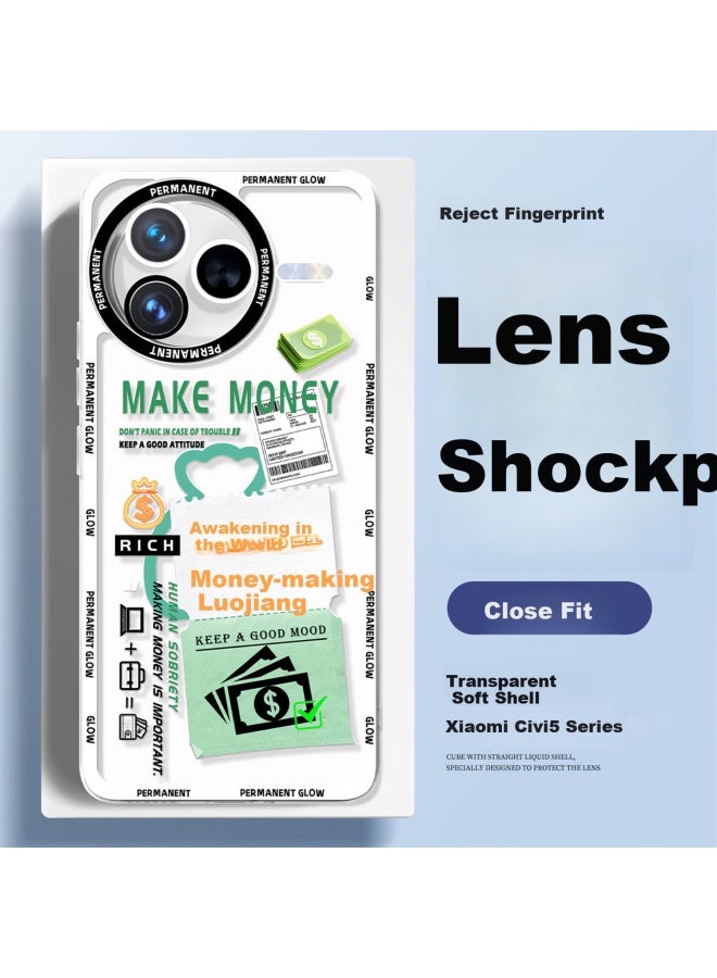 Xp Suitable For Xiaomi Civi 5 Pro Phone Case, Full Lens Protection, Xiaomi Civi 5 Pro Transparent Soft Heat Dissipation Silicone Cartoon, Shockproof For Men And Women, High-end Feel - White Frame Clear Mind Money-making - Image 1
