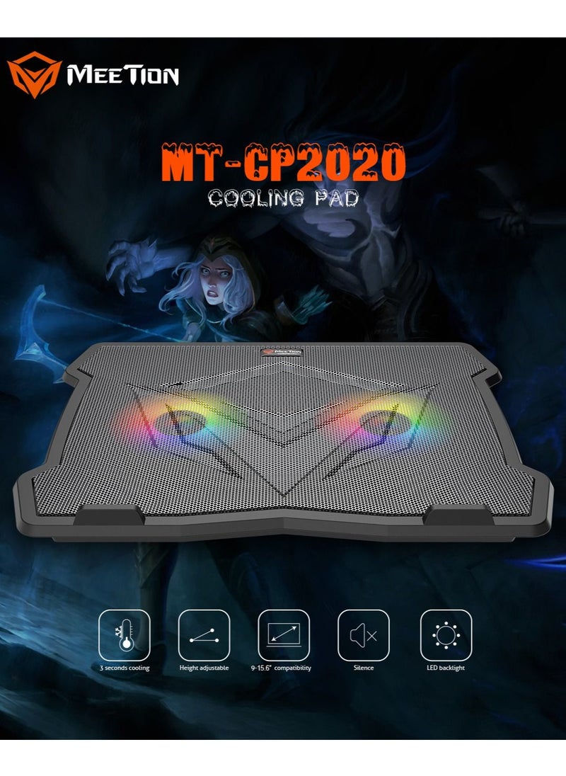 Meetion Laptop Gaming Cooling Pad 9-14Inch 2 Fan Dual USB LED Illuminated Lightweight Quick Cooling Aluminum Alloy Grid with Foldable Stand  - Image 2