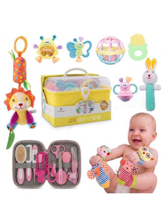 7-Piece Rattle Box Set, Stroller Strap, Soft Rattle, Wrist Rattles, and 13-Piece Chicco Grooming Kit Gift Bundle