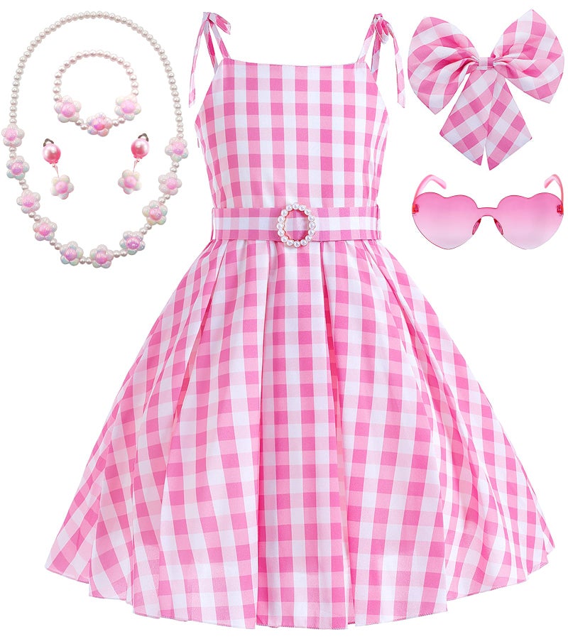 Golray 7pcs Girls Plaid Costume Dress Sweet Slip Dress with Accessories Movie Outfit Birthday Halloween Costume Girl Dress up Clothes for Play - Image 3