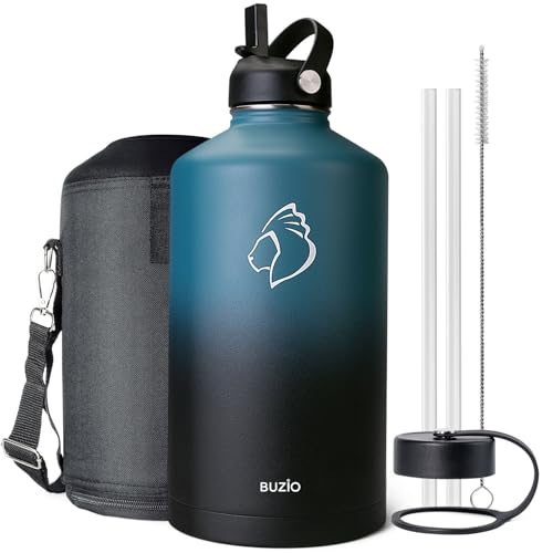 BUZIO 1 Gallon Water Bottle Insulated with Straw Lid, 128oz Large Water Jug Stainless Steel Metal Vacuum Water Flask Leak Proof 18/8 Food Grade Thermo Mug Keep Cold 48H & Hot 24H, Indigo Crush - Image 1