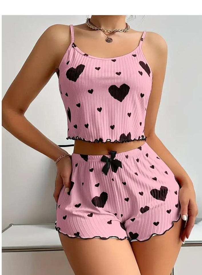 Womens pajamas set with a heart print - short blouse - comfortable shorts - pyjama for girls -  Sleepwear - Pyjamas for Ladies - Image 3