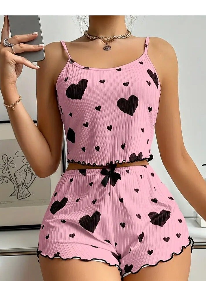 Womens pajamas set with a heart print - short blouse - comfortable shorts - pyjama for girls -  Sleepwear - Pyjamas for Ladies - Image 1