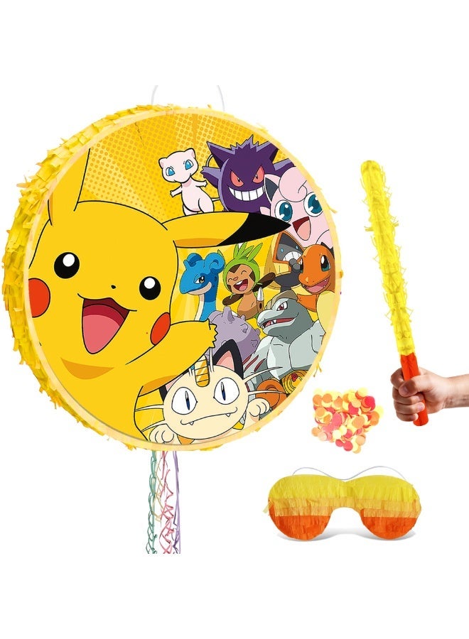 FRUITFUL PARTY Pikachu Round Pinata, Pokemon Party Pinata Bundle - Large Electric Mouse Pinata, Pokemon Battle Party Game Decorations Party Stick etc Pikachu Pinata Birthday Party Supplies - Image 1