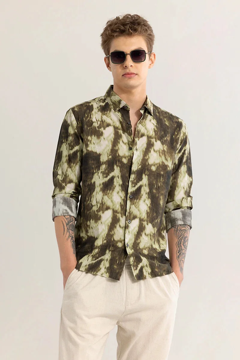 سنيتش Olive Abstract Long Sleeve Slim Fit Casual Shirt