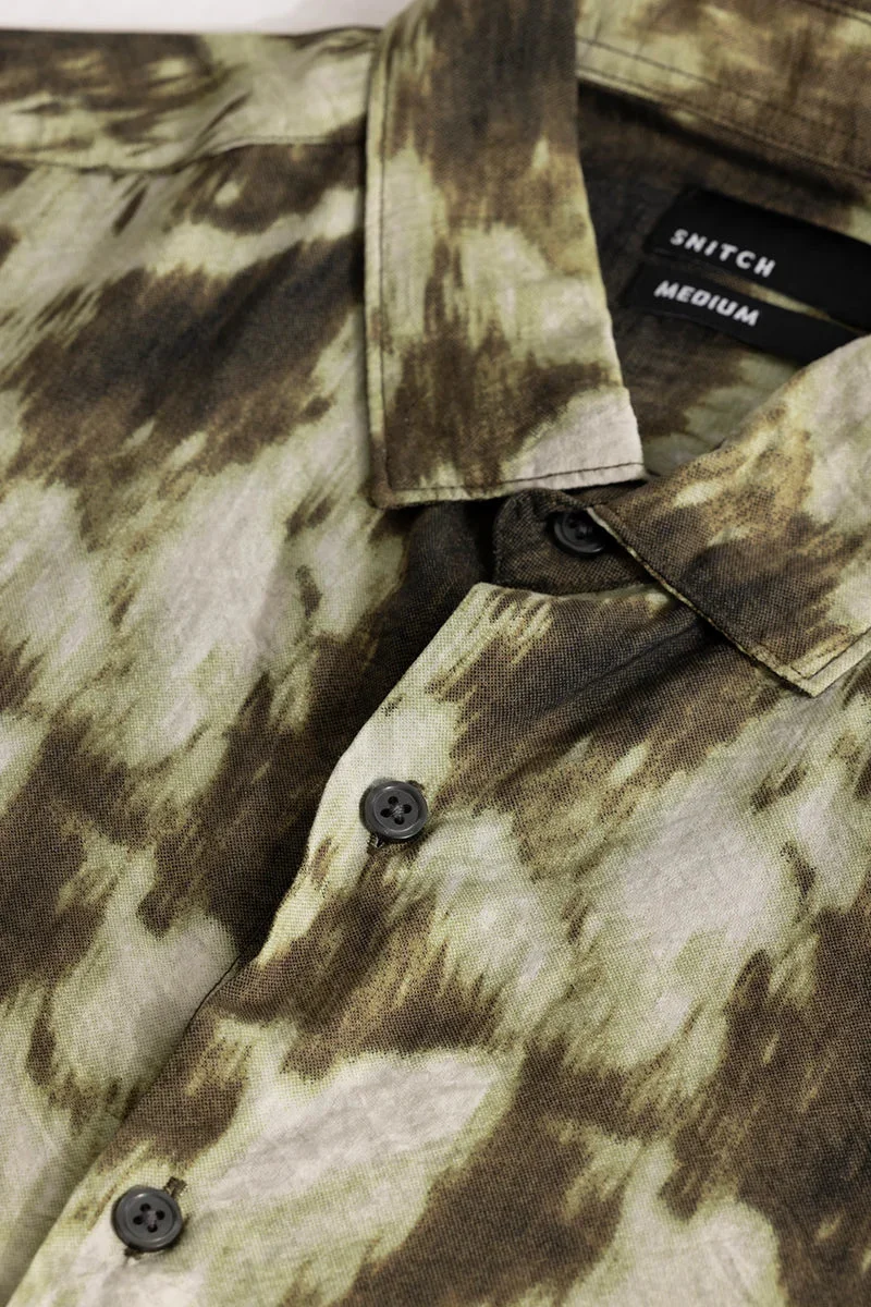 سنيتش Olive Abstract Long Sleeve Slim Fit Casual Shirt