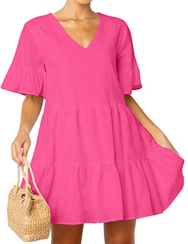 FANCYINN Women’s Pink Cute Shift Tunic Dress Short Bell Sleeve V Neck Causal Swing Red Ruffle Mini Dress with Pockets Pink XS - Image 3