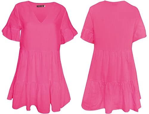 FANCYINN Women’s Pink Cute Shift Tunic Dress Short Bell Sleeve V Neck Causal Swing Red Ruffle Mini Dress with Pockets Pink XS - Image 5