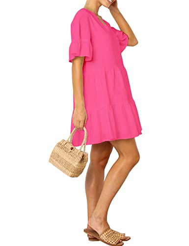 FANCYINN Women’s Pink Cute Shift Tunic Dress Short Bell Sleeve V Neck Causal Swing Red Ruffle Mini Dress with Pockets Pink XS - Image 2