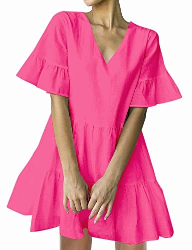 FANCYINN Women’s Pink Cute Shift Tunic Dress Short Bell Sleeve V Neck Causal Swing Red Ruffle Mini Dress with Pockets Pink XS - Image 1