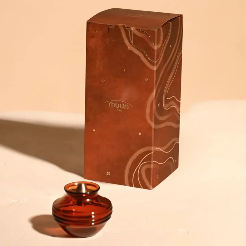 Muun Home MUUN HOME Glass Kalash Oil Lamp - Amber Color, Borosilicate Glass and Brass, 7.3x7.3x6cm