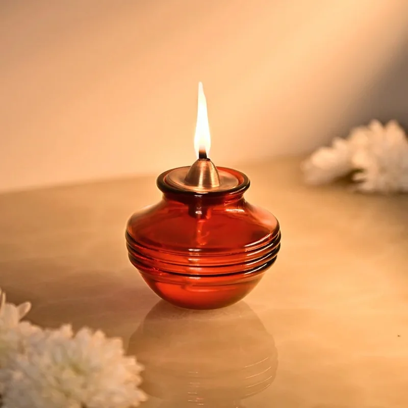 Muun Home MUUN HOME Glass Kalash Oil Lamp - Amber Color, Borosilicate Glass and Brass, 7.3x7.3x6cm