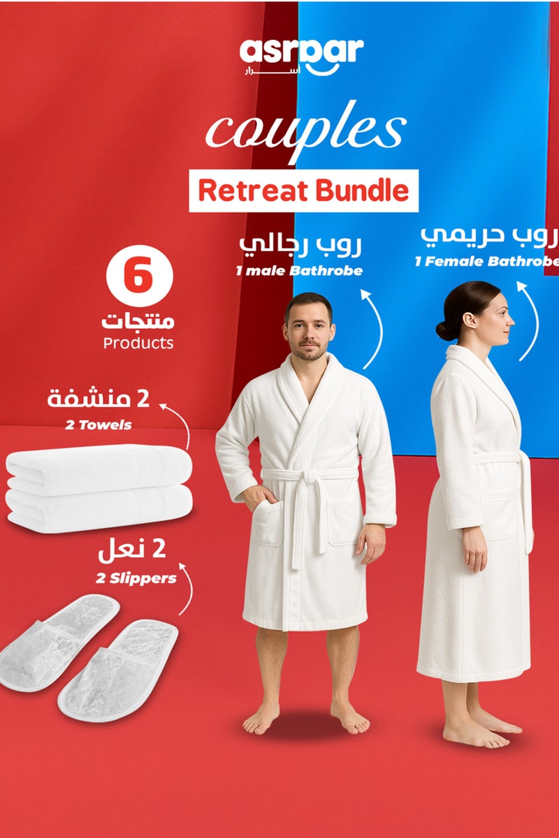Asraar Couple Retreat Bundle 6-Piece Set – Includes 1 Male Bathrobe XL, 1 Female Bathrobe XL, 2 Luxurious Slippers, and 2 Premium Towels 50 x 80cm 250g – Perfect for Relaxation – High-Quality Fabric for Spa-Like Experience at Home – Ideal for Couples - Image 1
