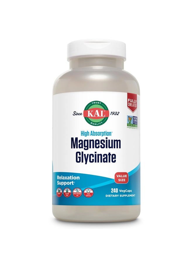 KAL Magnesium Glycinate, New & Improved Fully Chelated High Absorption Formula with BioPerine, Bisglycinate Chelate for Stress, Relaxation, Muscle & Bone Health Support, 60 Servings, 240 VegCaps - Image 1