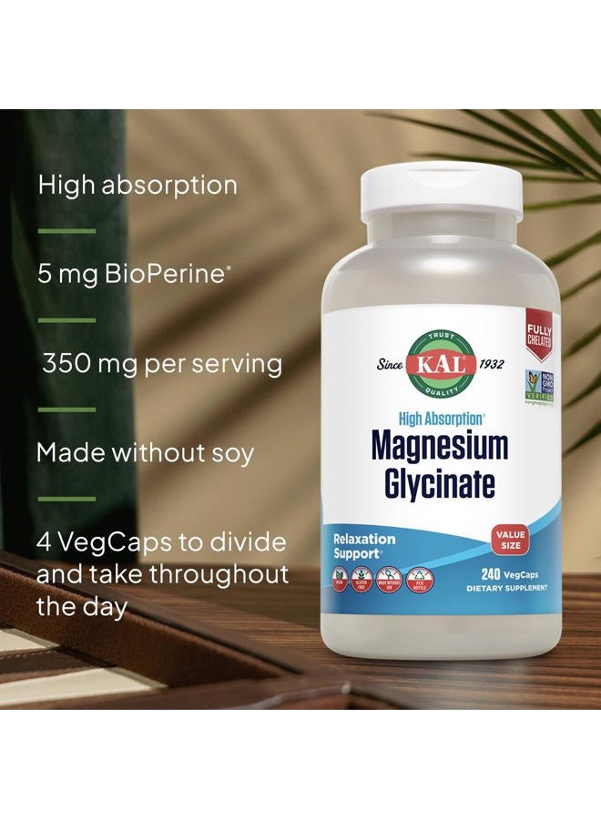 KAL Magnesium Glycinate, New & Improved Fully Chelated High Absorption Formula with BioPerine, Bisglycinate Chelate for Stress, Relaxation, Muscle & Bone Health Support, 60 Servings, 240 VegCaps - Image 4