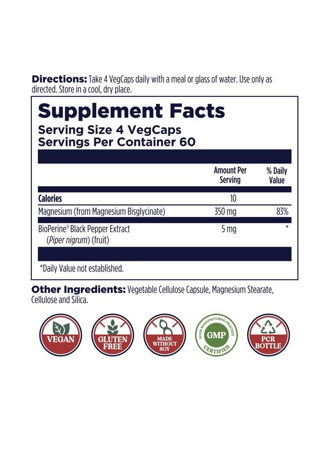 KAL Magnesium Glycinate, New & Improved Fully Chelated High Absorption Formula with BioPerine, Bisglycinate Chelate for Stress, Relaxation, Muscle & Bone Health Support, 60 Servings, 240 VegCaps - Image 2