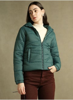 Women's Dark Green 100% Polyester Solid Regular Fit Jacket