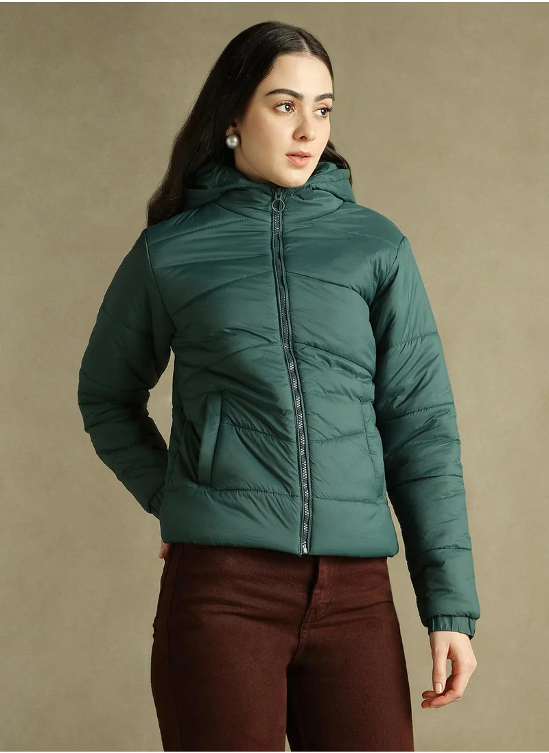 دينيس لينغو Women's Dark Green 100% Polyester Solid Regular Fit Jacket