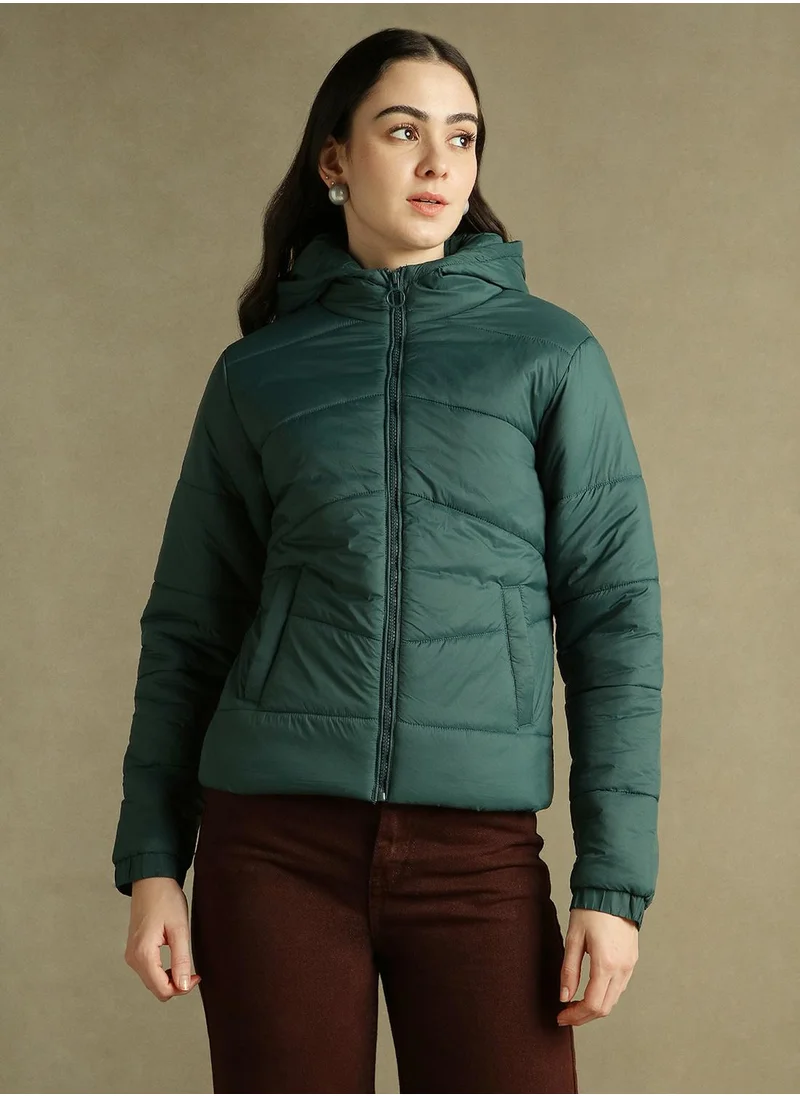 Dennis Lingo Women's Dark Green 100% Polyester Solid Regular Fit Jacket