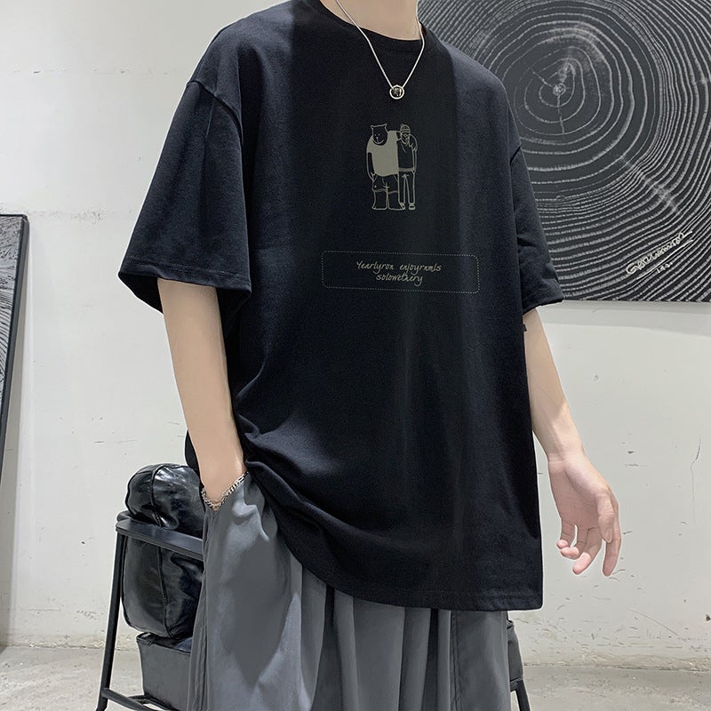 Short-Sleeved Men's T-Shirt, Summer Loose Five-Quarter Sleeve Top, Ins Harajuku Hong Kong Style Trendy Brand Half-Sleeve T-Shirt, Casual and Versatile - Image 4